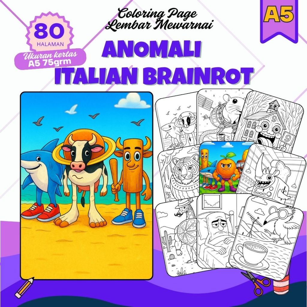 

Kertas Mewarnai Anak Anomali Italian Brainrot Lucu untuk Usia 3-10 Tahun A5 80 Lembar
