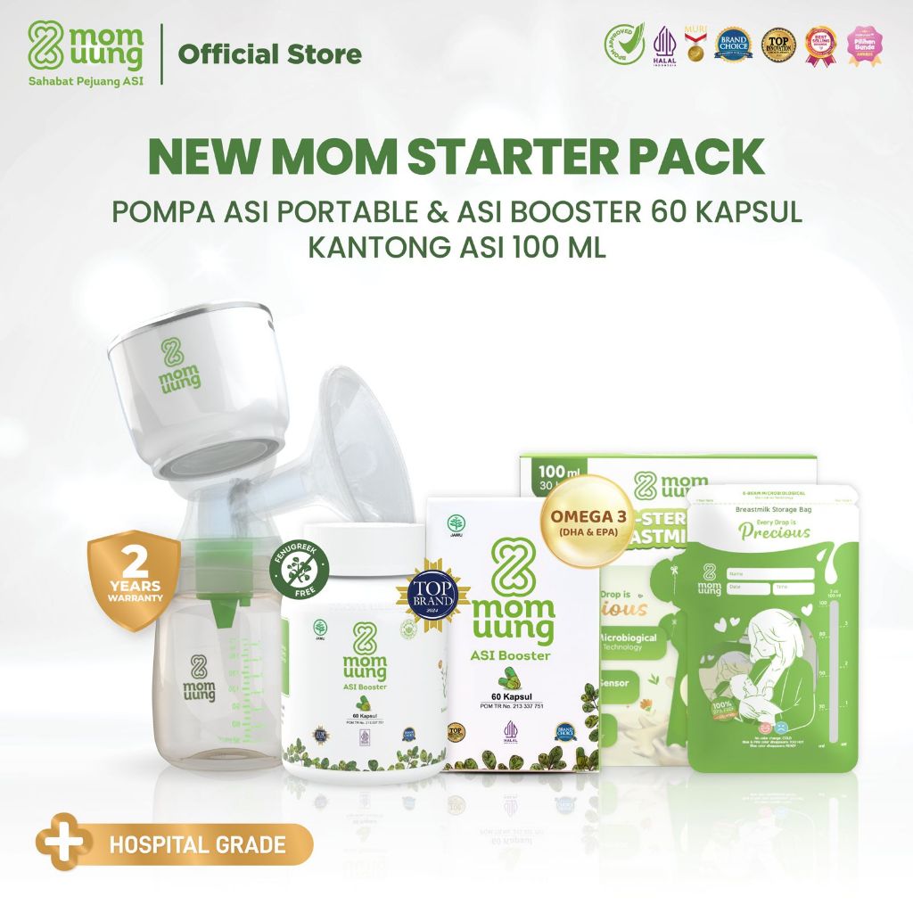 Mom Uung ASI Booster Special Bundling 60 Kapsul + Kantong ASI 100 ml + Pompa ASI Mom Uung / Pelancar