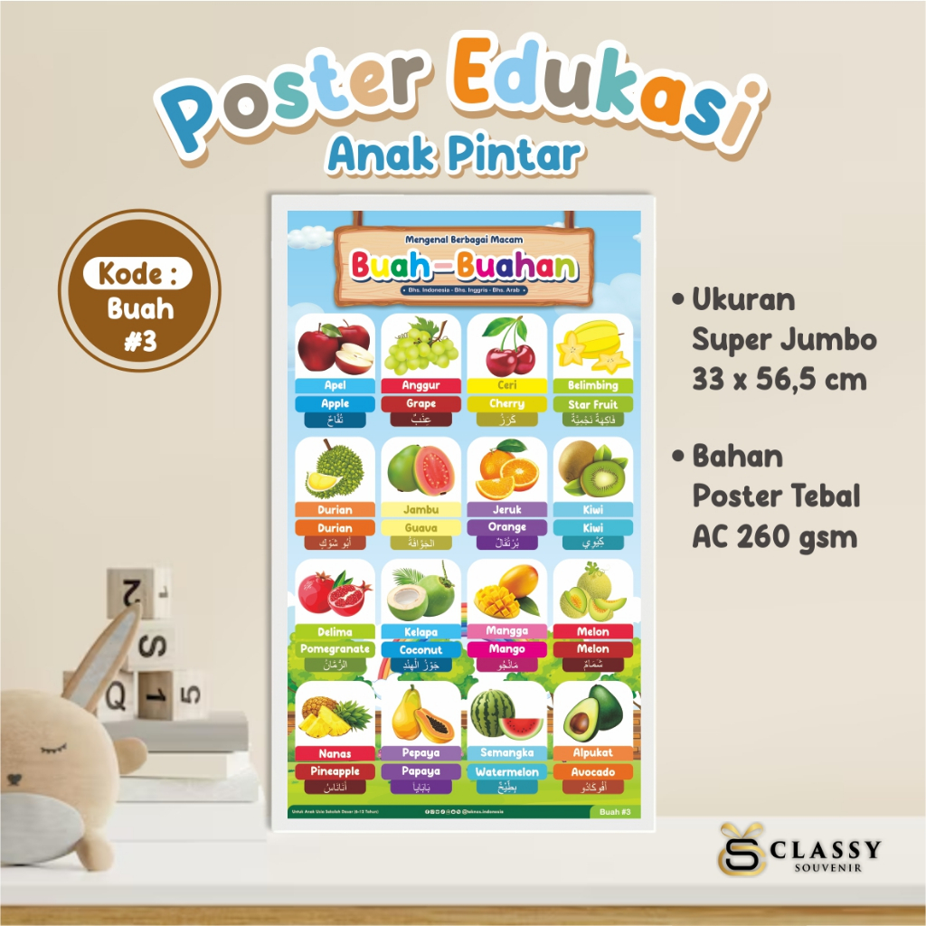 POSTER EDUKASI ANAK BERGAMBAR & BERWARNA - [ TEMA BUAH-BUAHAN] - POSTER EDUKASI BELAJAR READY STOCK