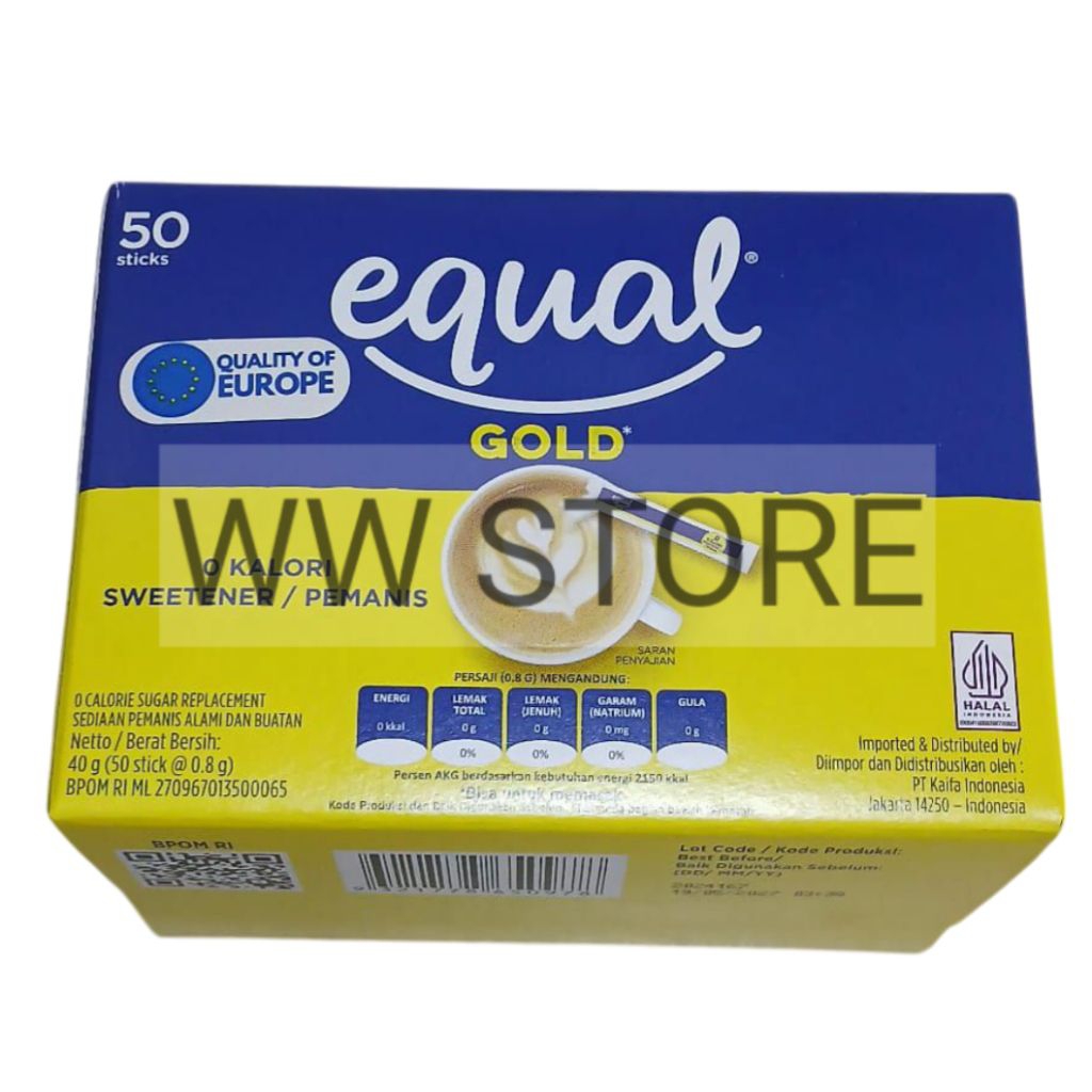 

Sediaan pemanis buatan tanpa kalori halal MUI equal GOLD 40g ( 50 stick x 0.8g )
