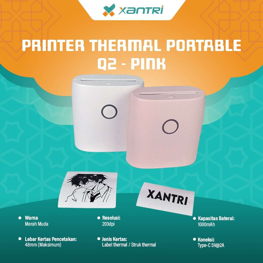 

Printer Thermal Portable Xantri Q2 Bluetooth Nirkabel Mini Label Printer Tanpa Tinta Warna White / Pink