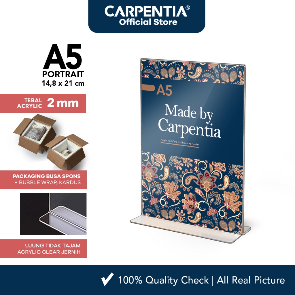 

Carpentia | Acrylic Standing Tipe T - A5 Vertikal Portrait 14,8x21 cm - Tent Akrilik Brosur QRIS