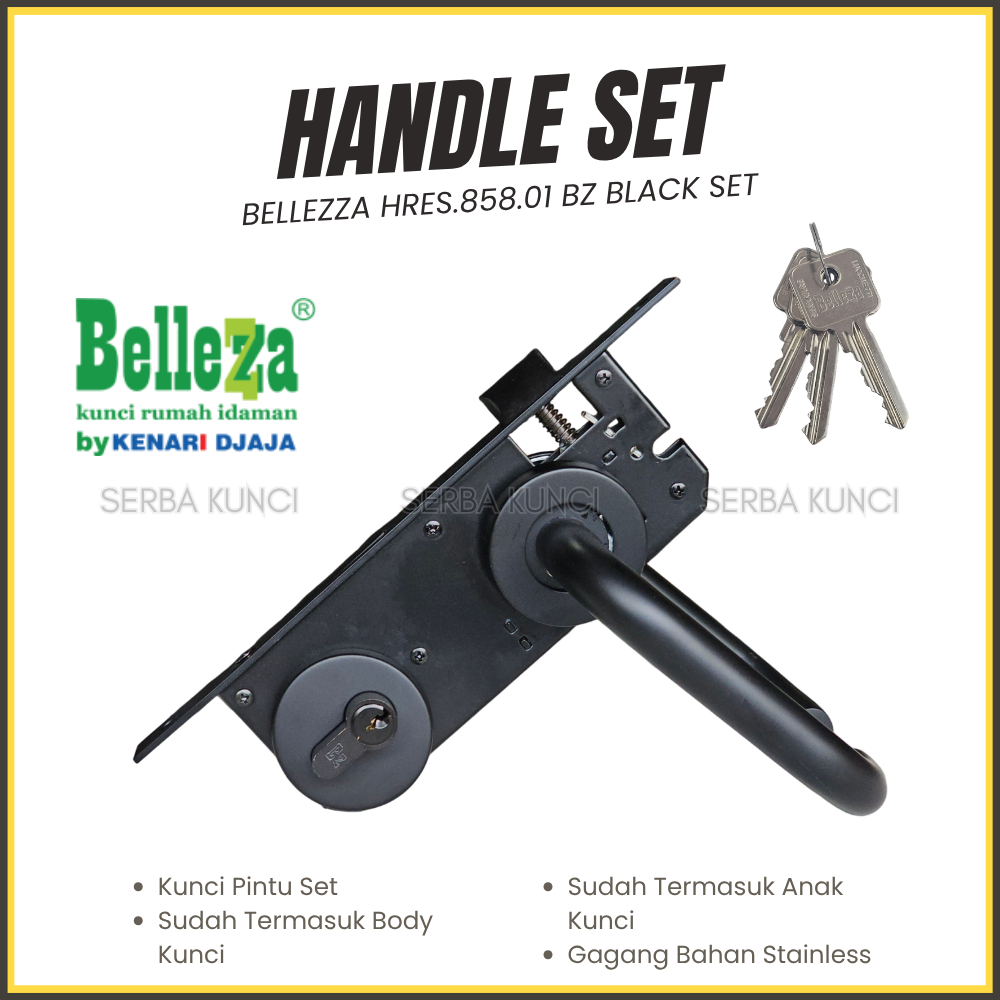 Bellezza Kunci Pintu Besar HRES.858.01BZ BL Black Pintu Rumah Kamar Gagang Handle Set Ukuran Komplit