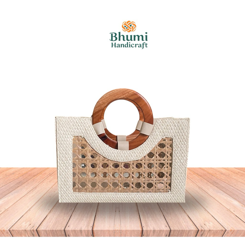 TAS PANDAN MIX BAMBU HANDLE KAYU BULAT / Tas Anyaman Etnik / Tas Parcel Hampers / Goodiebag Souvenir