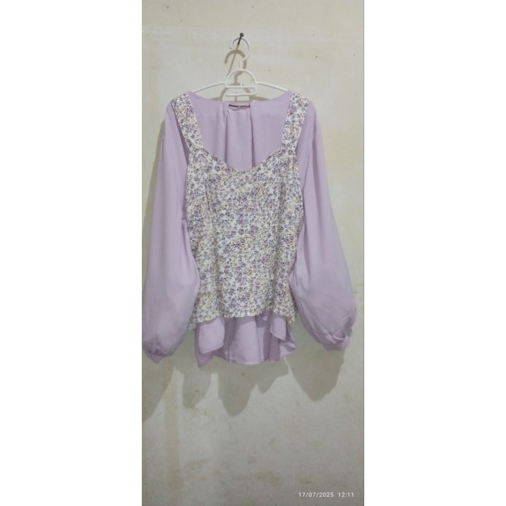 PL Blouse wanita - lilac lengan balon+ vest bunga