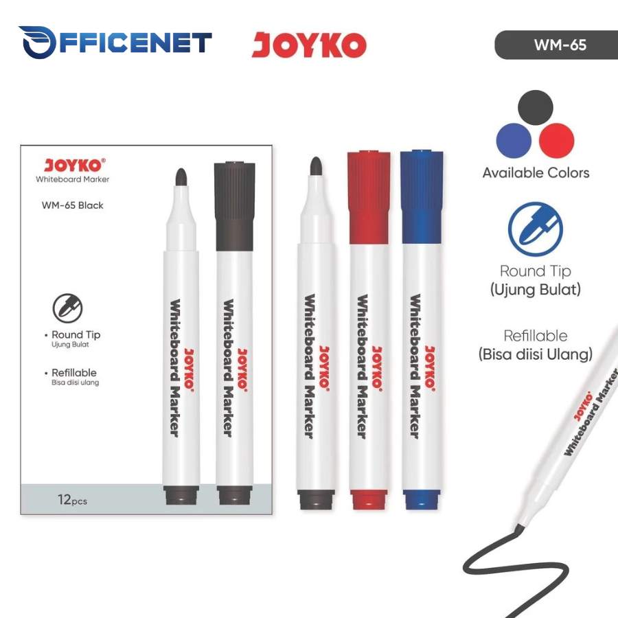 

12PCS SPIDOL PAPAN TULIS WHITEBOARD GLASSBOARD MARKER REFILLABLE JOYKO WM 65