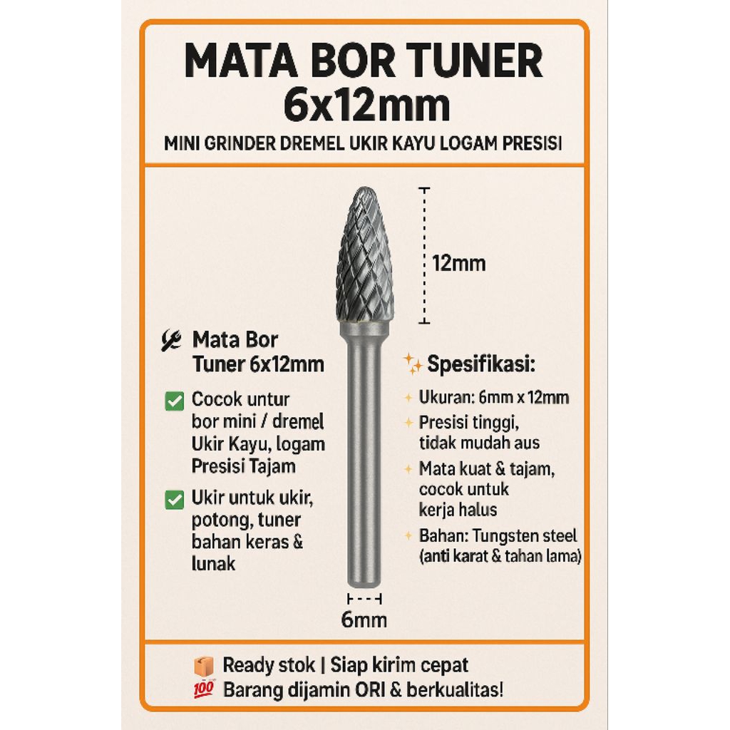 Mata Bor Tuner 6x12mm – Mata Bor Besi, Logam, Kayu, Presisi untuk Bor Listrik & Bengkel