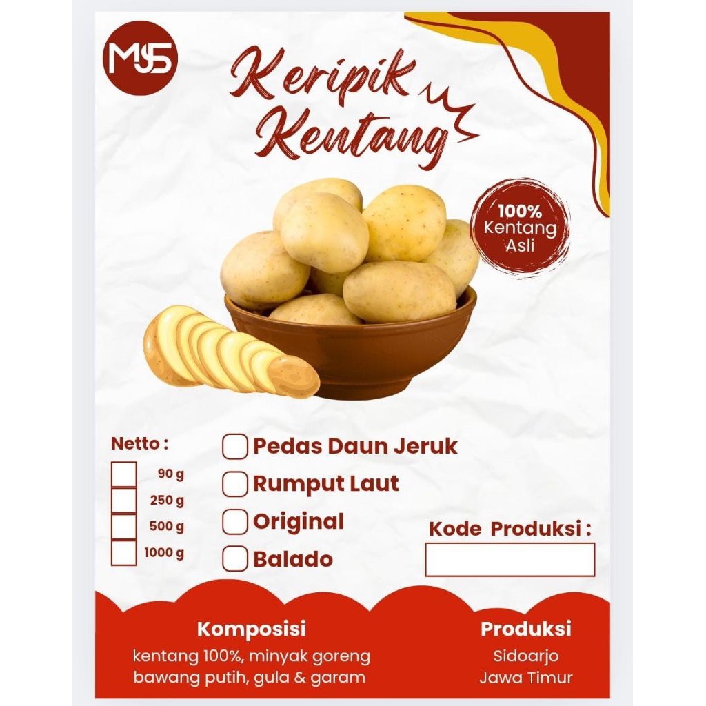 

Keripik Kentang 100% Kentang Asli Rasa Original/Pedas Daun jeruk/Rumput Laut/Balado