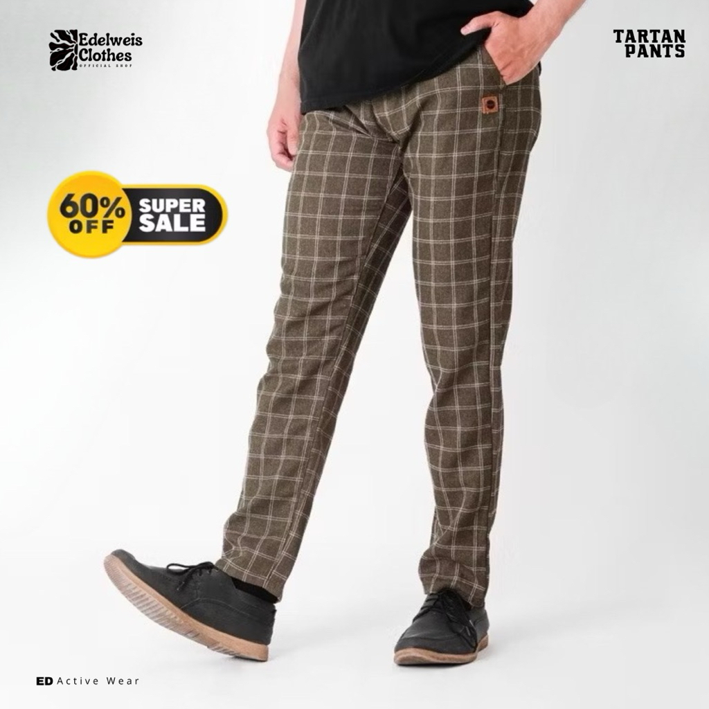 Celana Chino Tartan Pria Ankle Pants motif kotak Wanita Panjang Model Slim fit