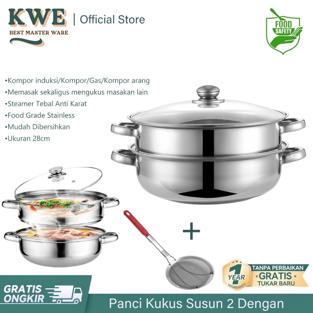 {PENGIRIMAN 24 JAM} KWE Panci 2 Susun Besar Kukus Steamer Stainless 28cm Panci Kukus Set Panci Sup