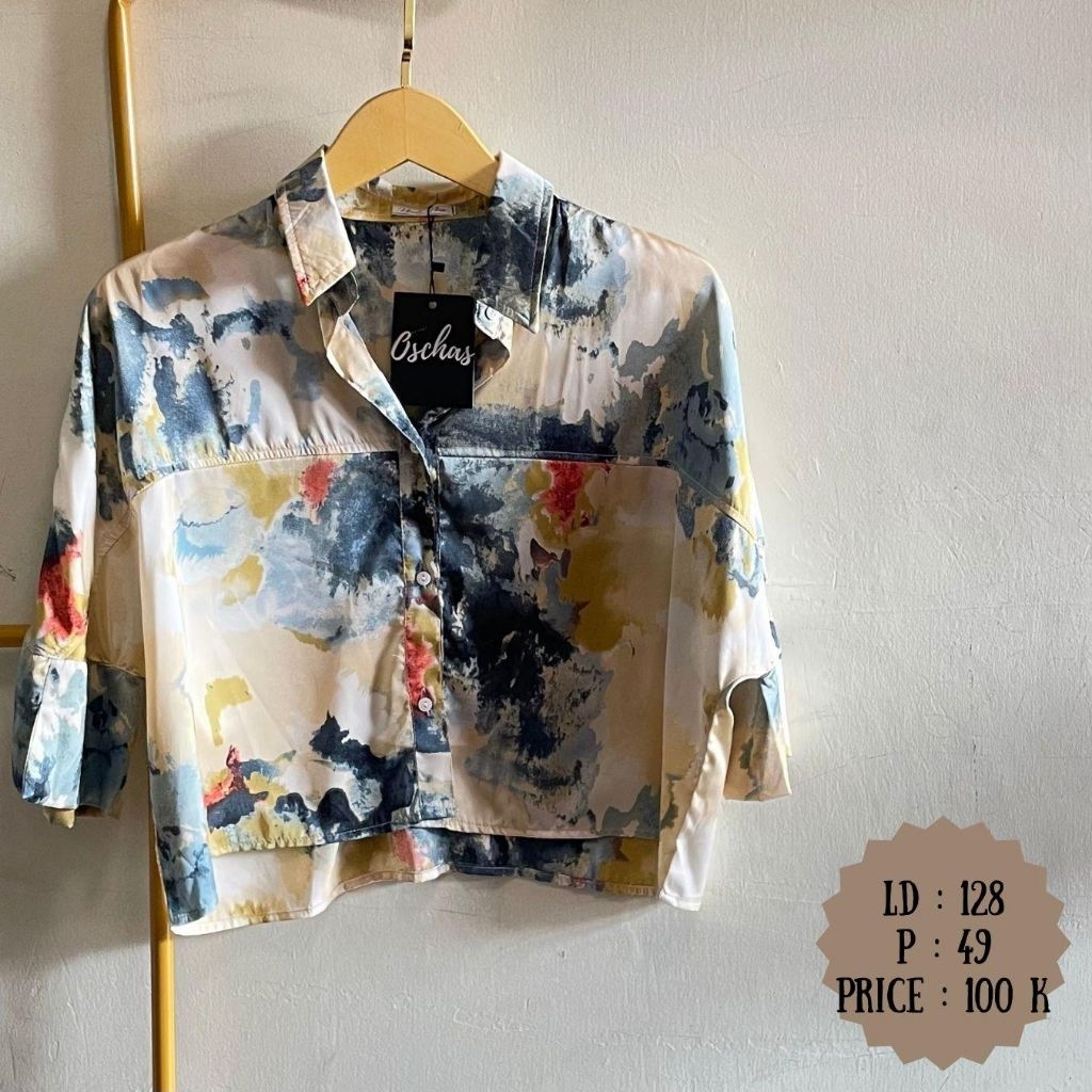 Kemeja Wanita Crop Motif Abstrak Bahan Silk | LD 128 | Kemeja Wanita Import Bangkok