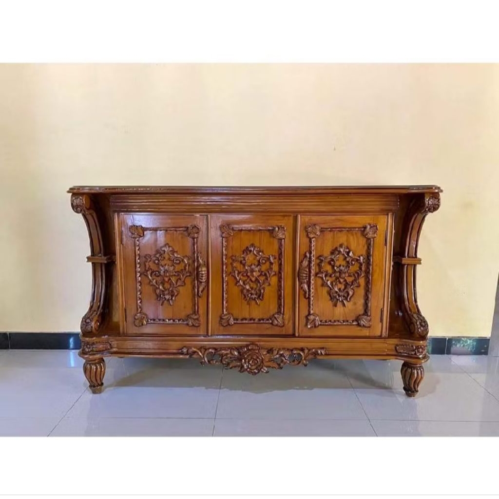 bufet tv pendek kayu jati, bufet pendek jati ukir