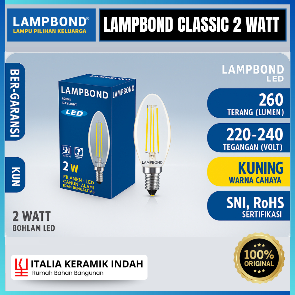 Lampu Hemat Energi LAMPBOND Lampu Filamen Lilin 2 Watt  Warm White (Kuning)