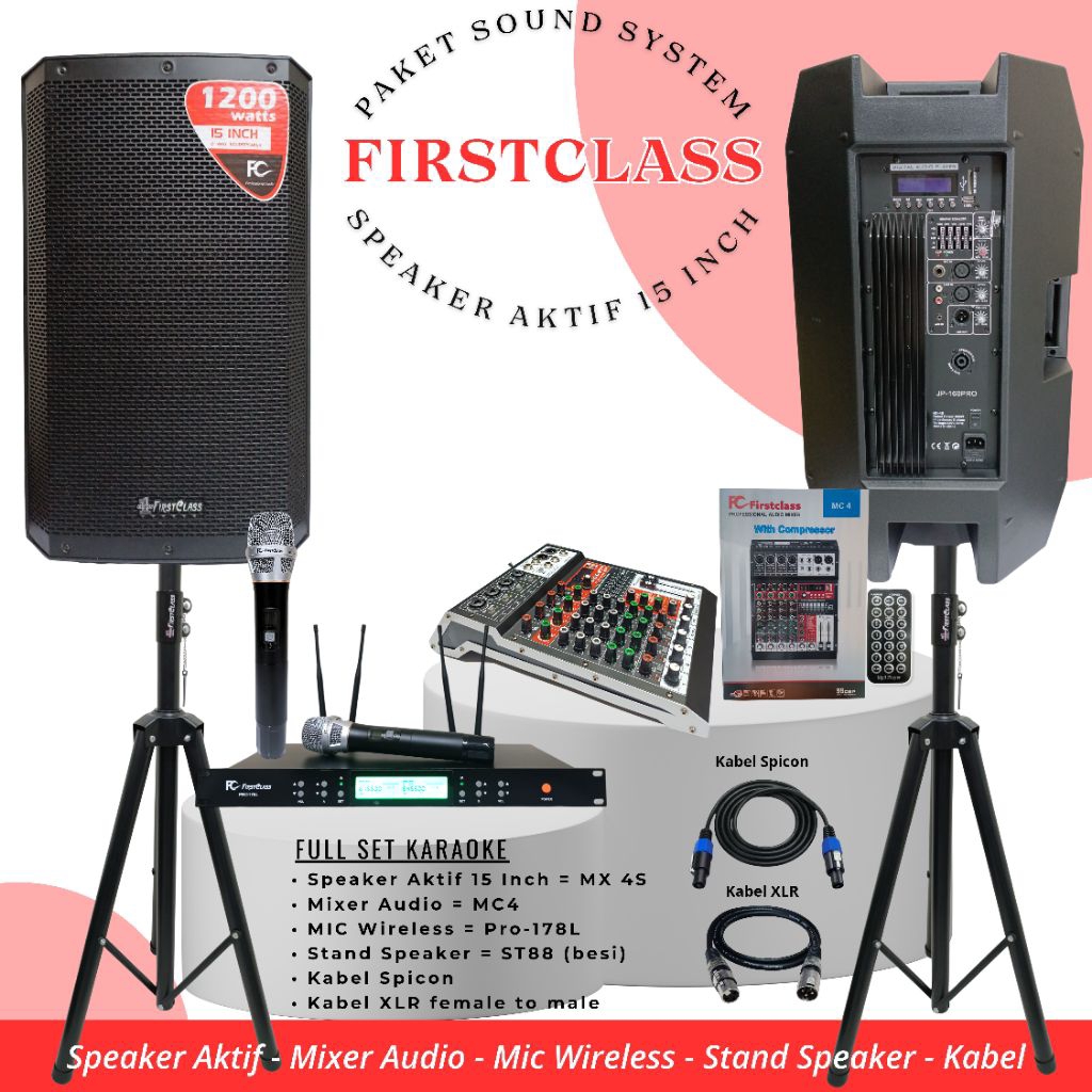 Paket Sound System Karaoke Firstclass | Paket Live Musik Firstclass Speaker Aktif 15 Inch Mixer Audi