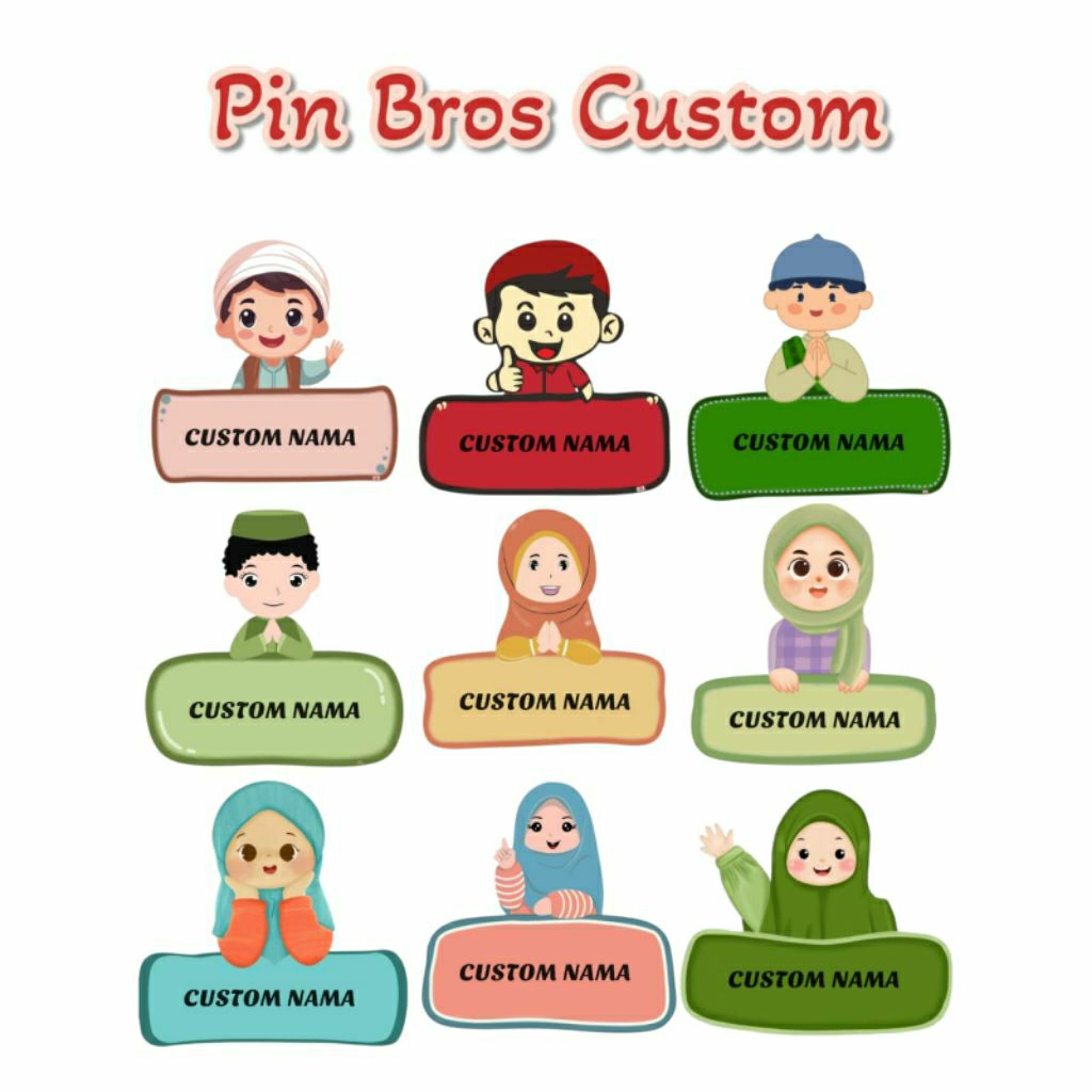 Pin Bross Acrylic Karakter Custom Nama Anak / Bros Nama dada Animasi Lucu / Nametag Anak Muslim Baha