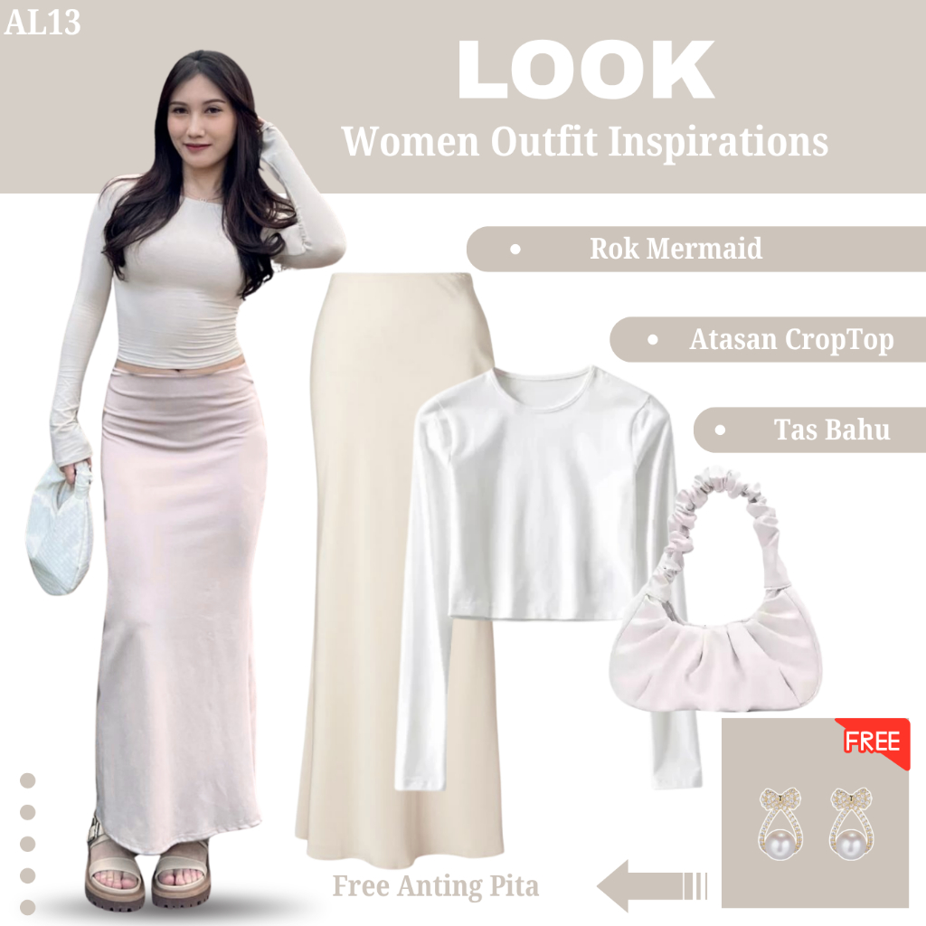 3In1 Set Korean Style Wanita | Atasan Crop Top Rib Knit Lengan Panjang Putih, Lunar Mermaid Skirt Fl