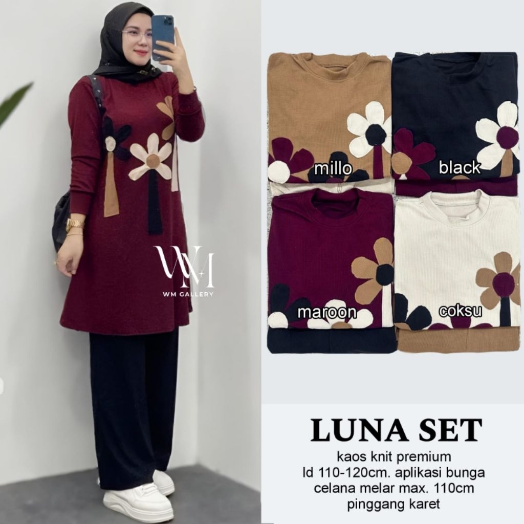 luna setelan tunik dan celana by w&w N&D tunik knit motif celana cargo wanita celana panjang kantong