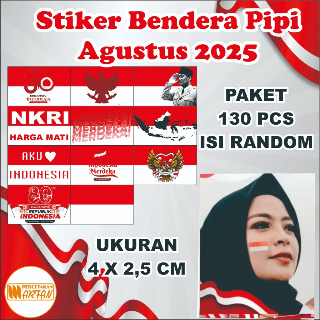 

Stiker Pipi Bendera Merah Putih 130 Pcs | Stiker PVC Tahan Air 4x2.5cm Dekorasi Kemerdekaan