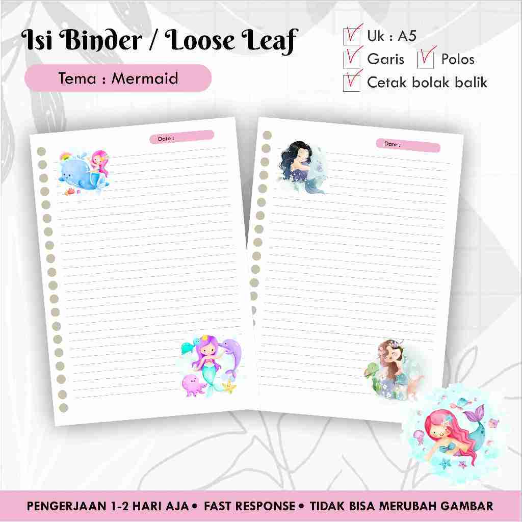 

[10 pcs] Isi Binder / Loose leaf gambar A5 Tema MERMAID / Refill Map Binder / Garis Polos