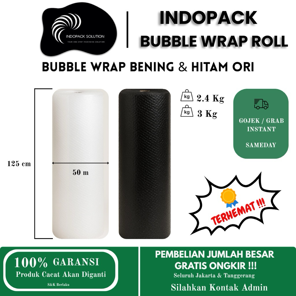

INDOPACK Bubble Wrap Roll 2.4Kg 3Kg Warna Bening Hitam 125cm x 50 Meter Aman Murah Hemat Tebal