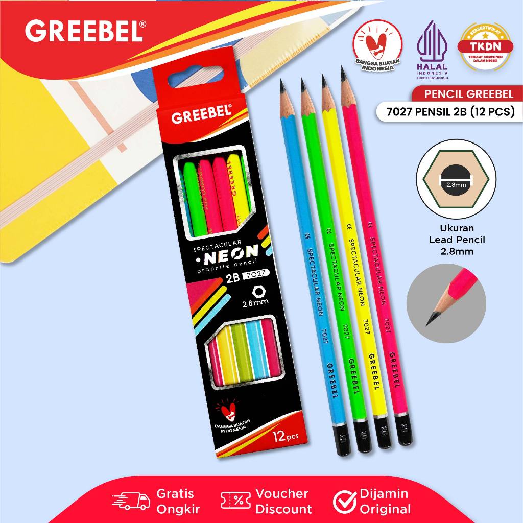 

GREEBEL Pensil Tulis 2B 7027 Neon / Pensil Kayu Ujian / Pencil Grafit Graphite / Pensil Gambar
