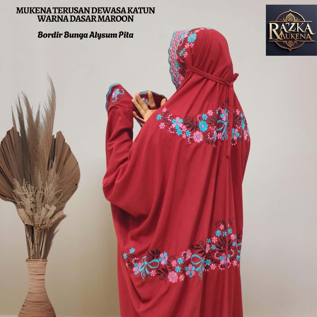 Mukena Terusan Size Dewasa Bahan Katun Mikro Warna Maroon Bordir Bunga Alysum Indah