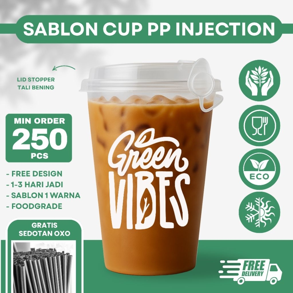 ((250 PCS)) Sablon Cup Thinwall PP Injection 16 14 12 Oz Datar Oval Tebal Murah Anti Tumpah Gratis S