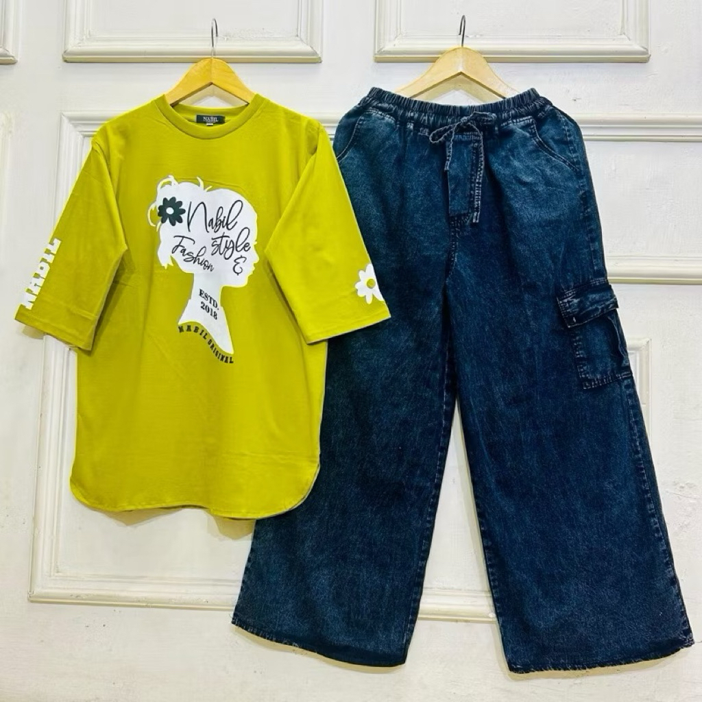 Setelan Kulot Jeans Wanita Dewasa Atasan Celana Kulot Jeans Cargo, Setelan Harian Serbaguna