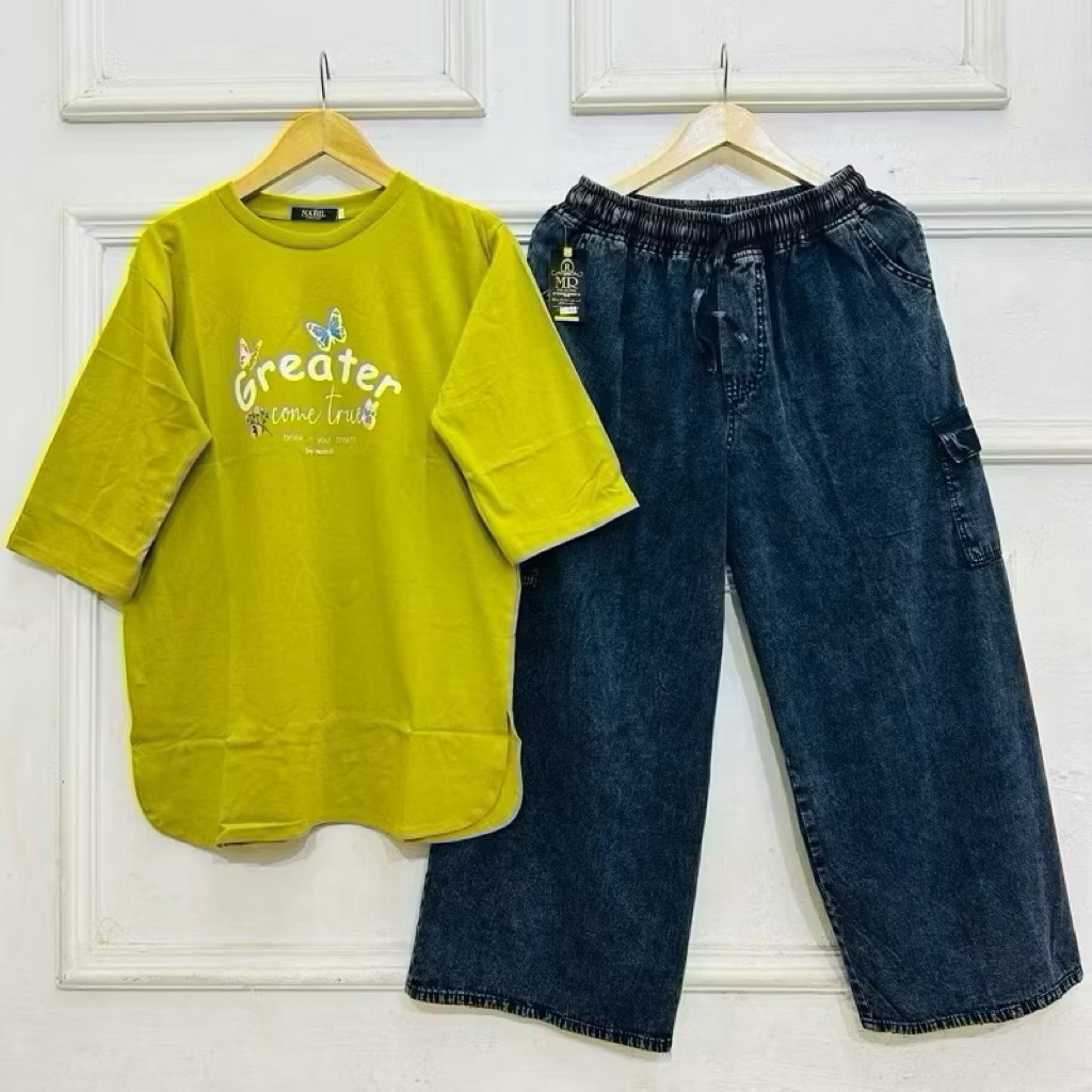 Oneset Jeans Kulot Wanita, Atasan Combed 20s, Celana Jeans Kulot Cargo, Setelan Wanita Terkini