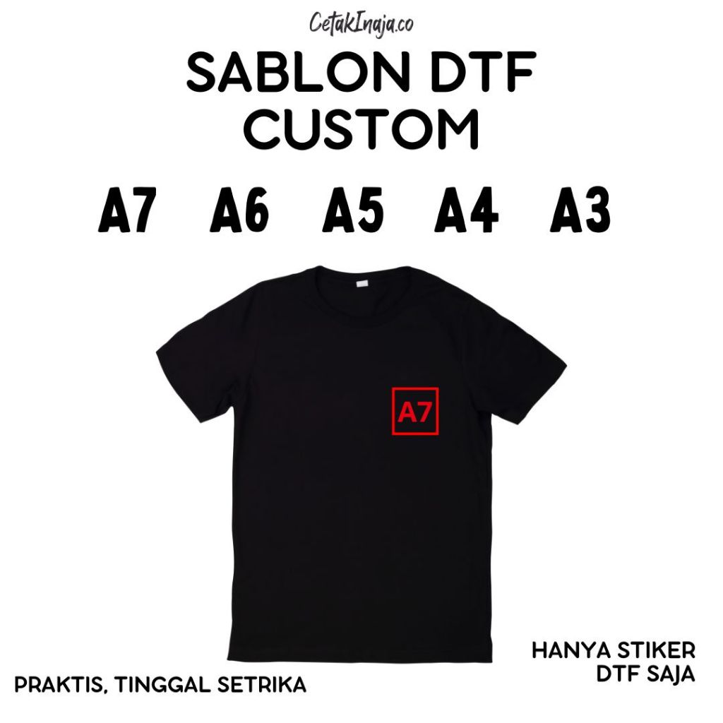 

Sablon Setrika Sablon DTF Sehari Jadi! Satuan Custom Gambar Ukuran Print A7, A6, A5, A4, A3 Tanpa Minimal Order Sablon murah