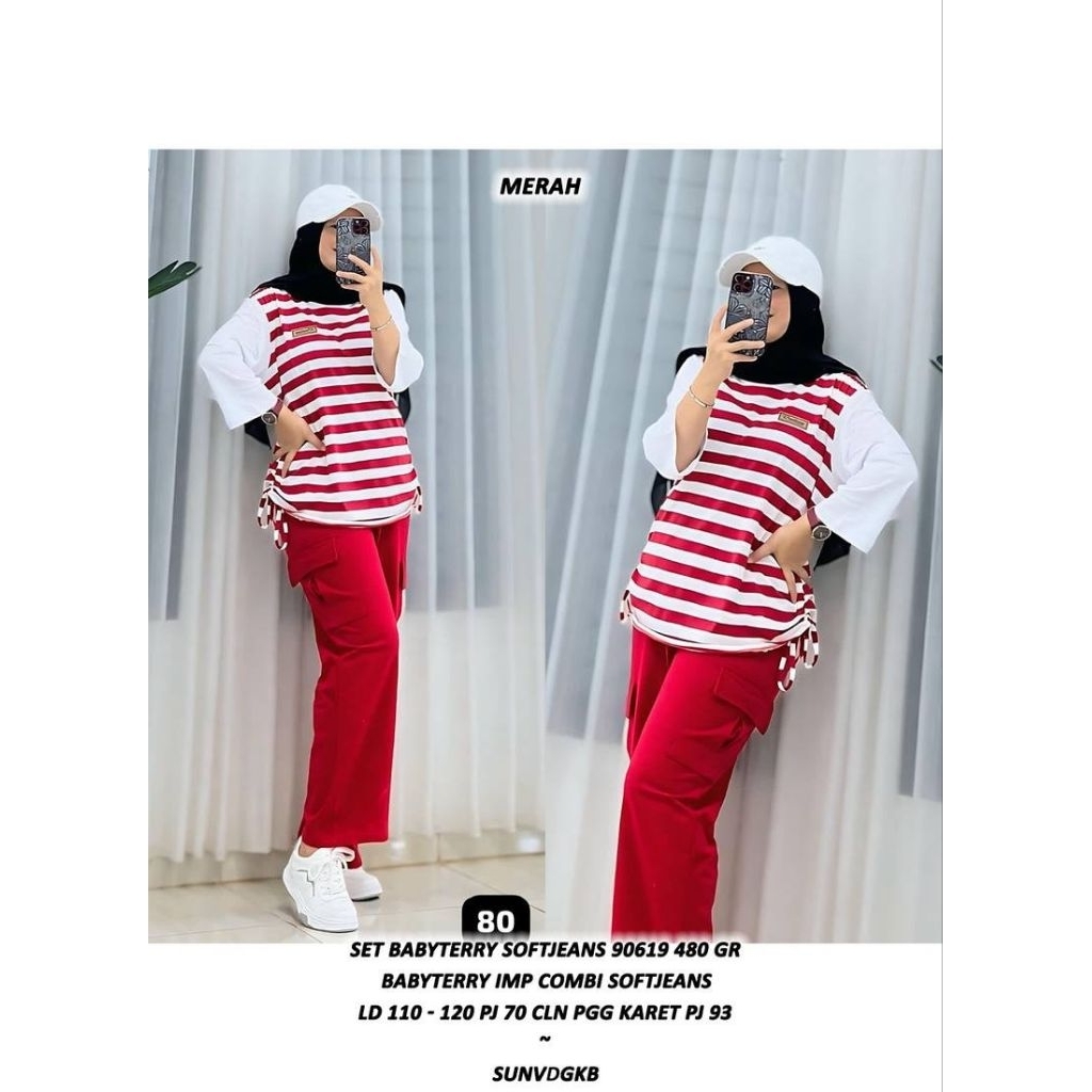 ASD 90619 SET KAOS MERAH PUTIH WANITA / READY / REALPICT