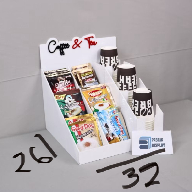 Custom Akrilik Display Kopi Sachet dan Cup Kopi (6 Slot Kopi Sachet & 3 Slot Cup Kopi ) Uk 32 x 26 x