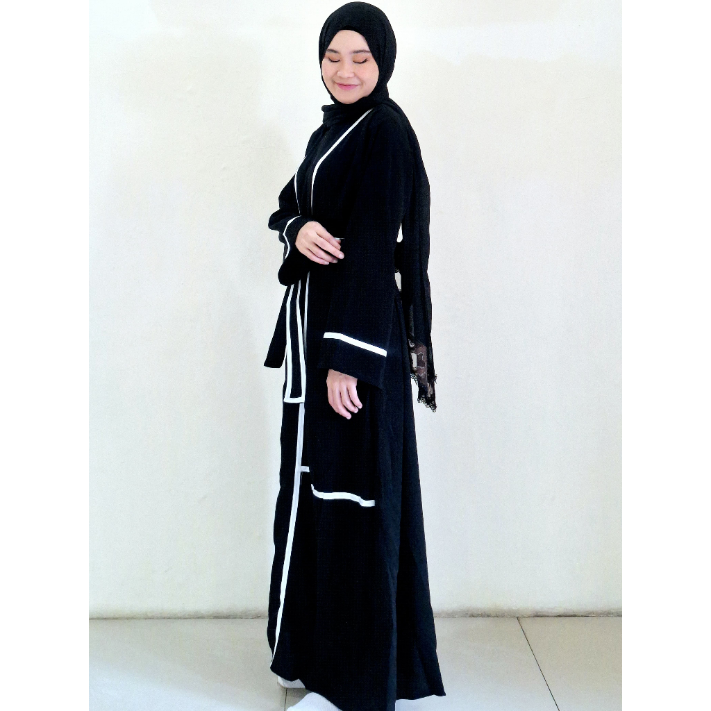 Abaya Hitam Gamis List Putih Dress Arab Syari Muslimah