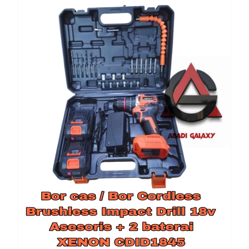 Mesin Bor Cas / Bor Cordless Brushless Impact Drill 18v Asesoris + 2 Baterai XENON CDID1845