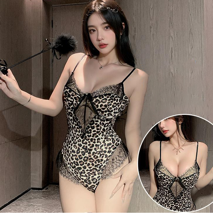 Vee Renda Lingerie Jumpsuit Open Crotch Lingeri Leopard Cosplay Sexy Hot Baju Tidur Seksi Wanita Hot