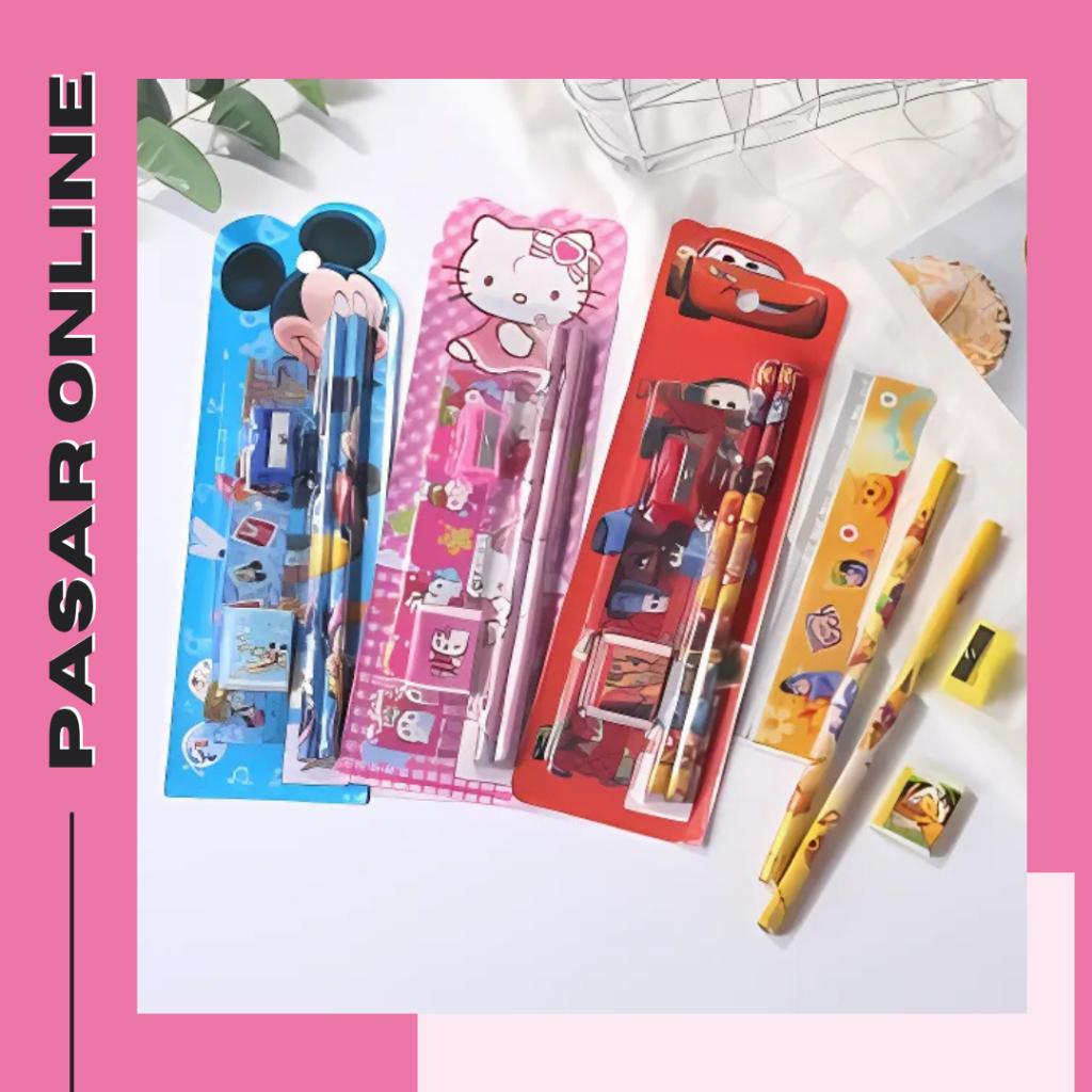 

PasarOnline-JKT Stationery Set 5 in 1 Alat Tulis Anak Sekolah Penghapus Penggaris Pensil Serutan Karakter Lucu Random Y9011