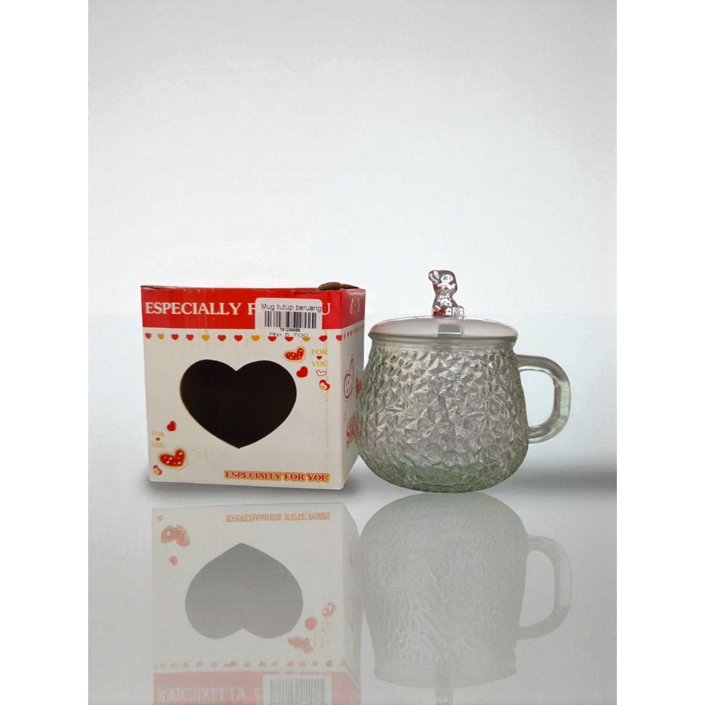 K0032 | MUG BERUANG KACA + TUTUP / GELAS KACA BERUANG / MUG TUTUP BERUANG