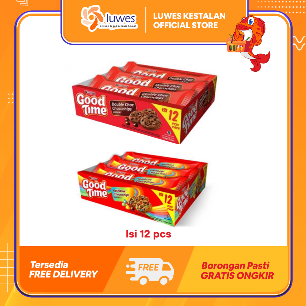 

(1 BOX 12pcs) Good Time 4 + 1 Cookies Box 26.5gr Double Choco / Rainbow Biskuit Coklat Dengan Taburan Choco Chips Yang Renyah