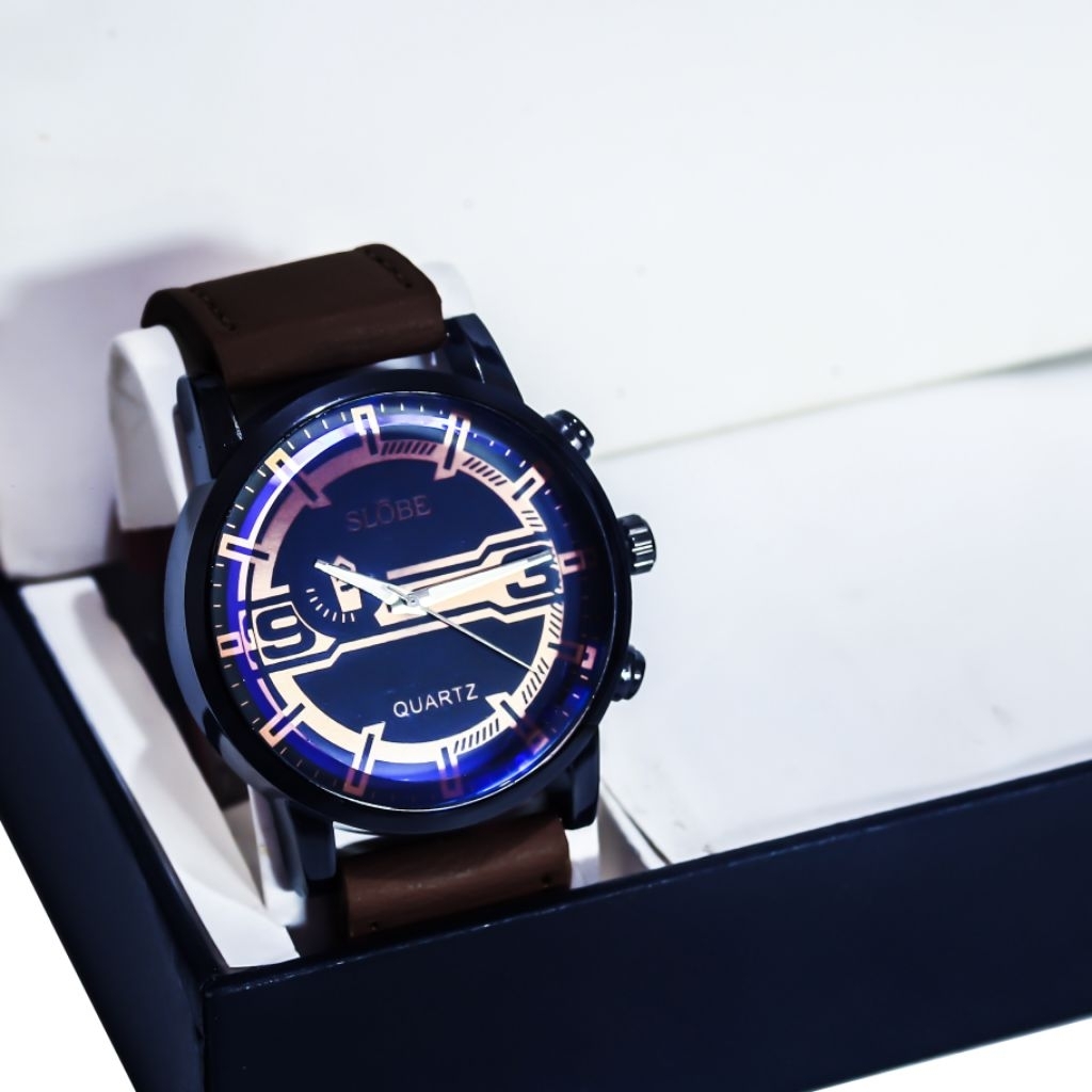SLOBE Jam Tangan Pria Kulit Analog Free  Box Kode 2.32