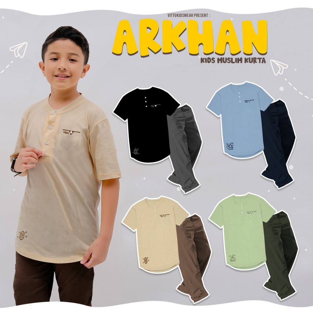 Vitto Kidswear Setelan Koko Kurta ARKHAN Kaos Celana Chino Muslim Anak Laki - Laki Simple Trendy Edu