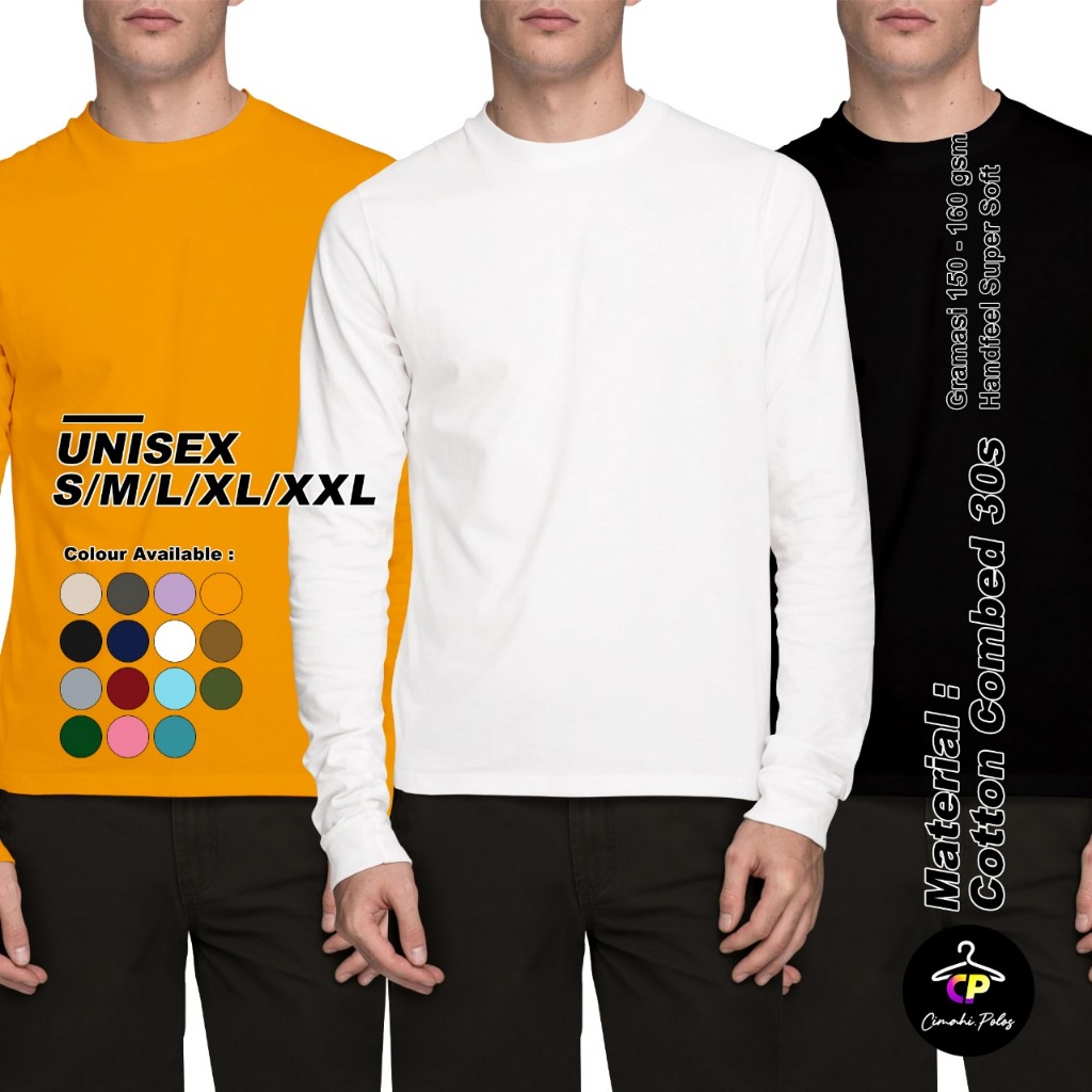 Kaos Polos Distro S M L XL XXL Lengan Panjang Ujung RIB Real Catton 30s Pria/Wanita