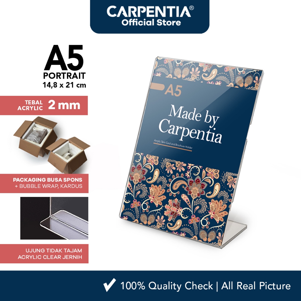 

Carpentia | Acrylic Standing Tipe L - A5 Vertikal Portrait 14,8x21 cm -[Akrilik Display Brosur Menu]