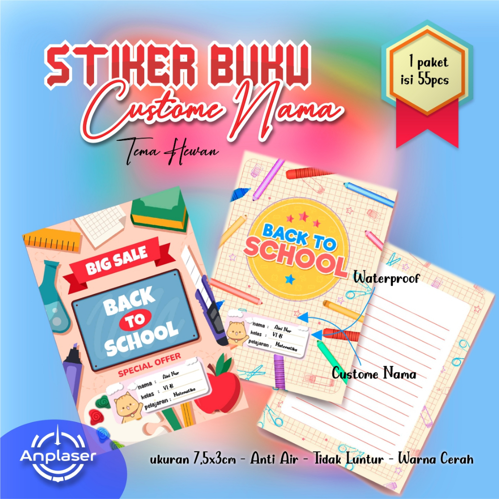 

55Pcs STIKER NAMA BUKU ANAK SEKOLAH CUSTOME WATER PROOF