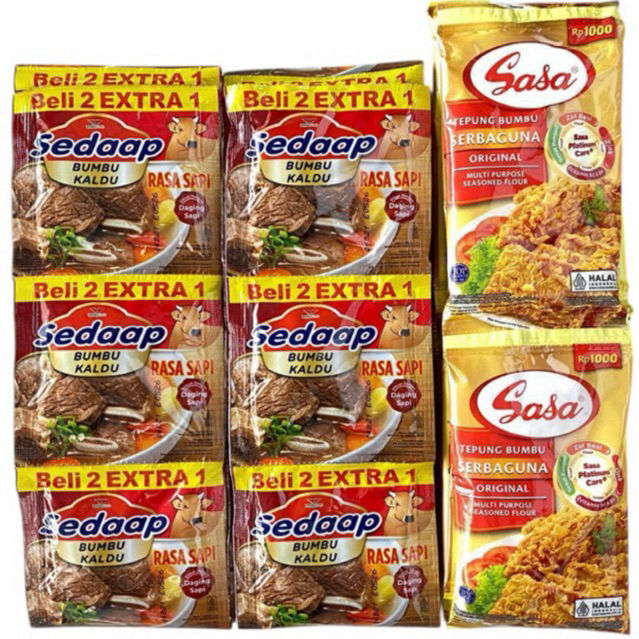 

10 sachet Tepung Bumbu Sasa Serbaguna + 36 sachet/ 2 renceng Sedaap Bumbu Kaldu