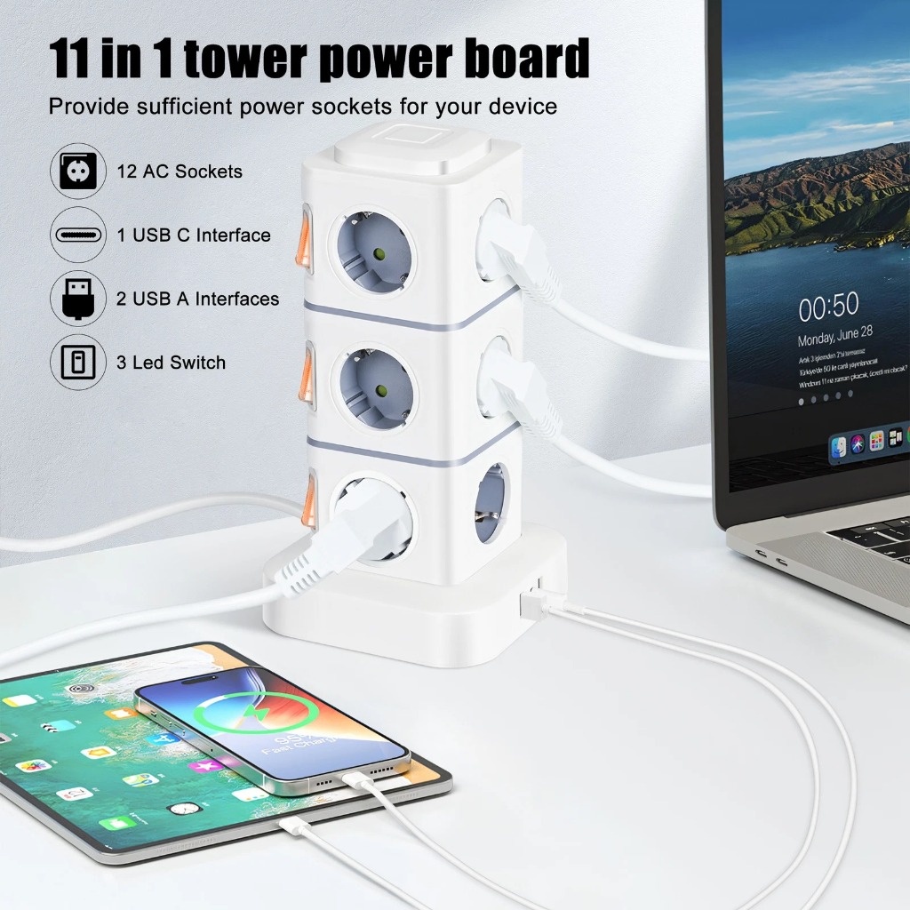 NINNE Stop Kontak Power Socket Strip Tower Colokan Listrik 2500W 3 Susun 12 Soket - NN812 - White
