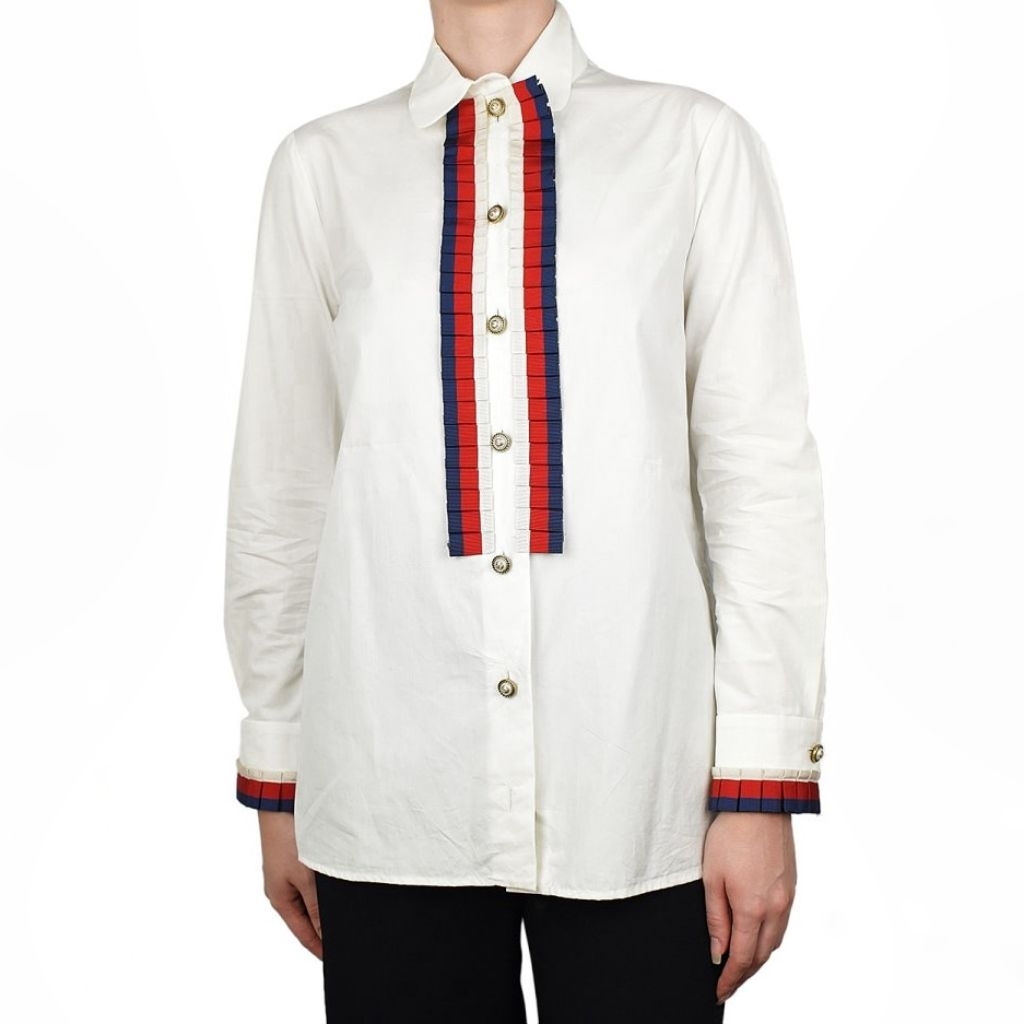 ucci White Blue/Red Ruffle Detailed Button-Up Shirt / Blouse
