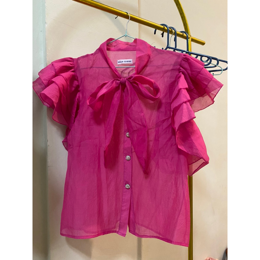 PL like new kemeja organza pink mewah freesize