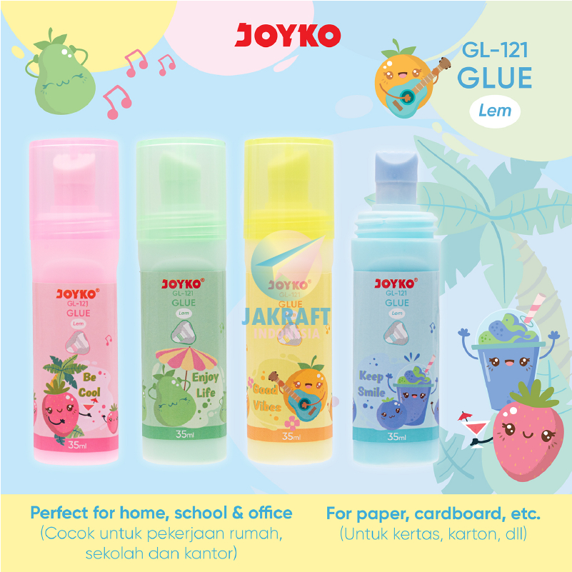 

(24 Pcs) Lem Pasta Cair Pekat Warna Warni + Spons Busa 35ml JOYKO GL-121 Fruity Juice Glue w/ Sponge Brush Non Toxic Aman Tidak Beracun Tema Aroma Buah Buahan | BOX