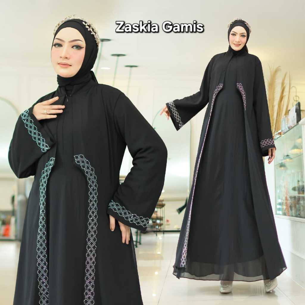 Gamis Cantik Hitam Elegan Dress Wanita Muslim Motif Bordir Ceruti Babydoll