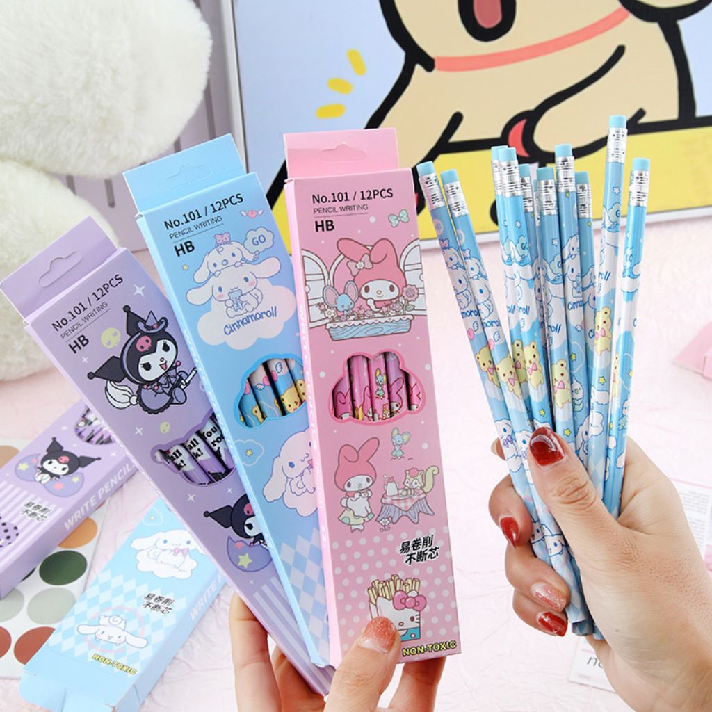 

12 PCS/KOTAK VARIAN PENSIL LUCU KARTUN KUROMI DAN LABUBU+PENGHAPUS BAWAAN